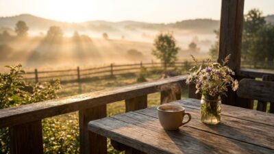 Steaming coffee cup and jar of wildflowers on a rustic wooden porch overlooking a misty golden sunrise