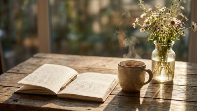 Open journal beside a steaming mug and fresh wildflowers on a sunlit wooden table