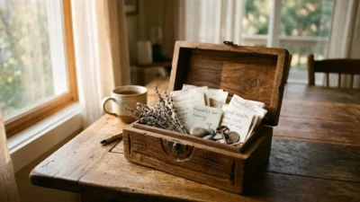 Rustic wooden blessings box with handwritten gratitude notes, dried lavender, and smooth stones on a sunlit table