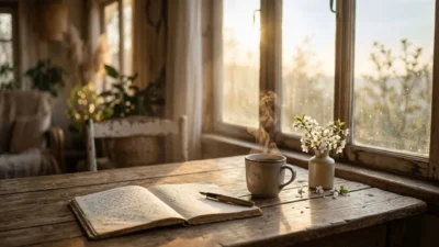 Open journal, pen, hot mug, and white flowers on a rustic wooden table by a sunlit window.