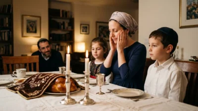 Jewish mother covering her eyes in prayer beside glowing candles with her family at a Shabbat table