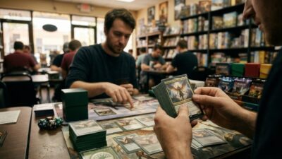 Player holding a Sigarda Font of Blessings card during a tabletop match in a game store