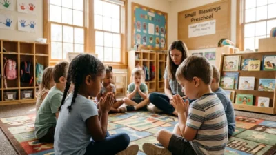 Diverse preschool children and their teacher sitting in a sunlit circle praying together.