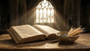 Open vintage Bible bathed in sunlight beside a bowl of wheat and coins on a rustic wooden table
