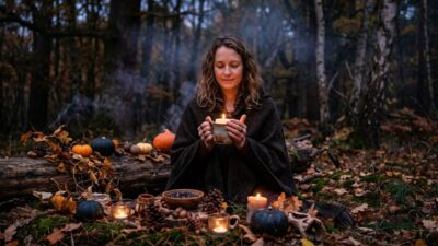 Woman in brown cloak holding a glowing candle during a Samhain prayer ritual in an autumn forest.