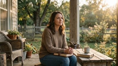 Woman sitting on a rustic porch at golden hour holding a journal beside her Bible and coffee